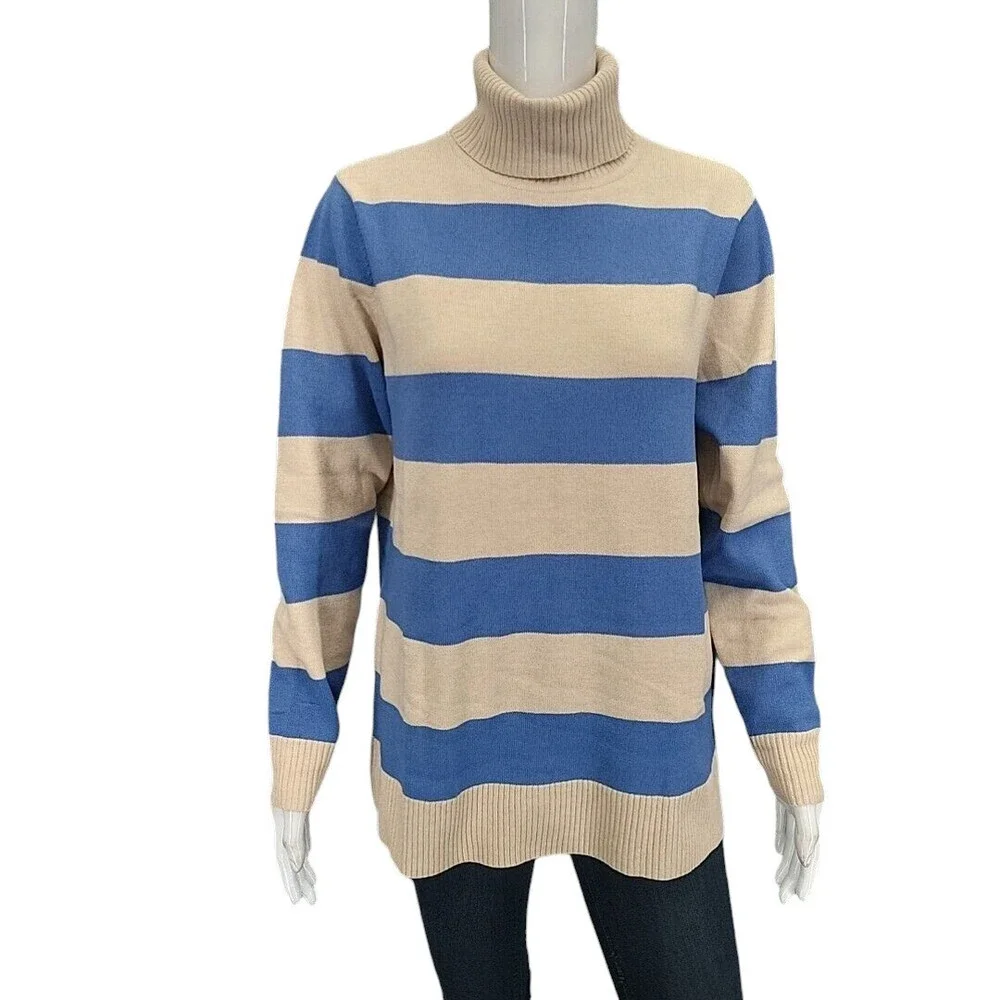 Studio Park Womens Dressy Stripe Print Turtleneck Sweater Medium Size Blue Beige